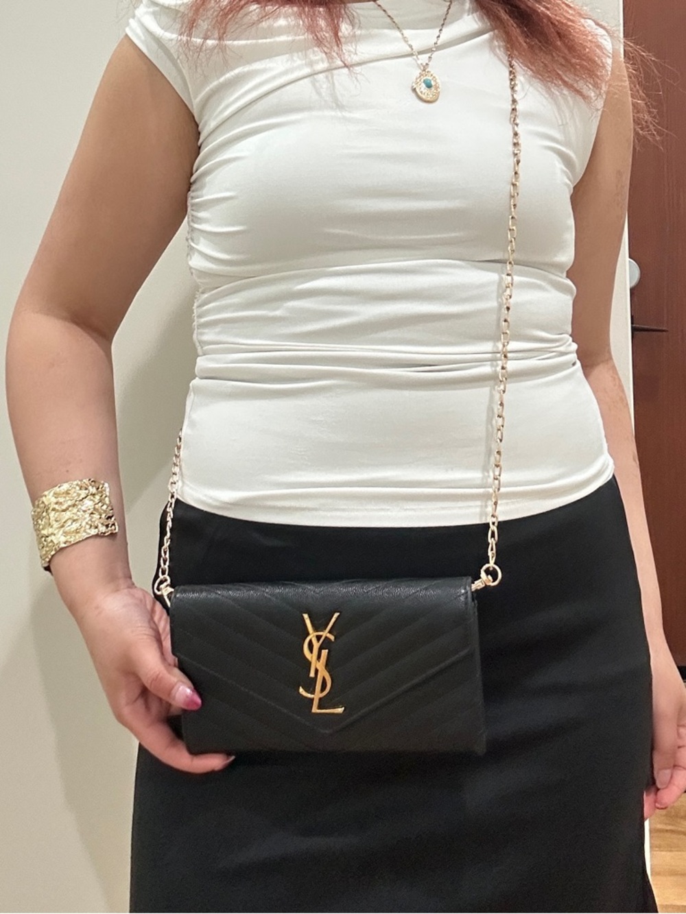 Black Yves Saint Laurent cassandre long flap wallet on chain gold - Picture 3 of 17